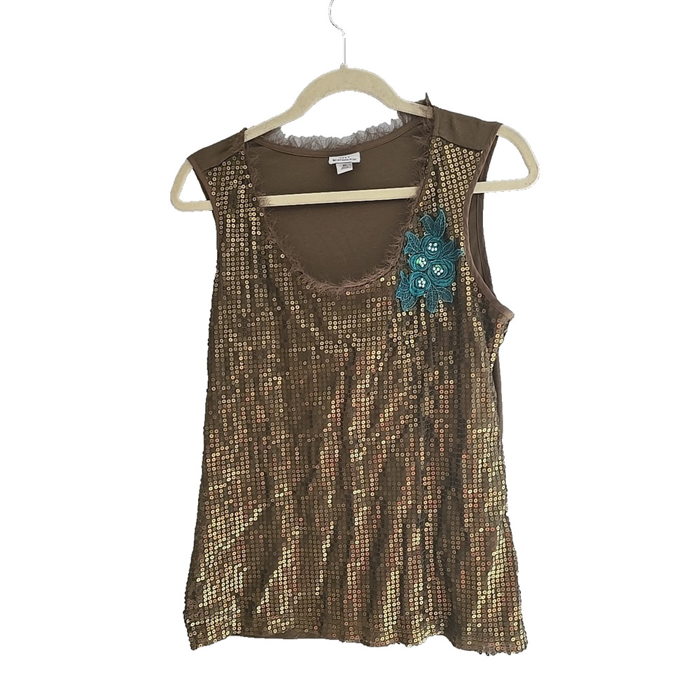 Vtg Worthington Y2K‎ Brown Sequin Beaded Applique Fairy Tank Top Womans Size XL